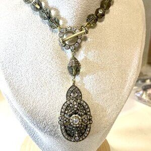 Grey Crystal and Glass Bead Drop Necklace